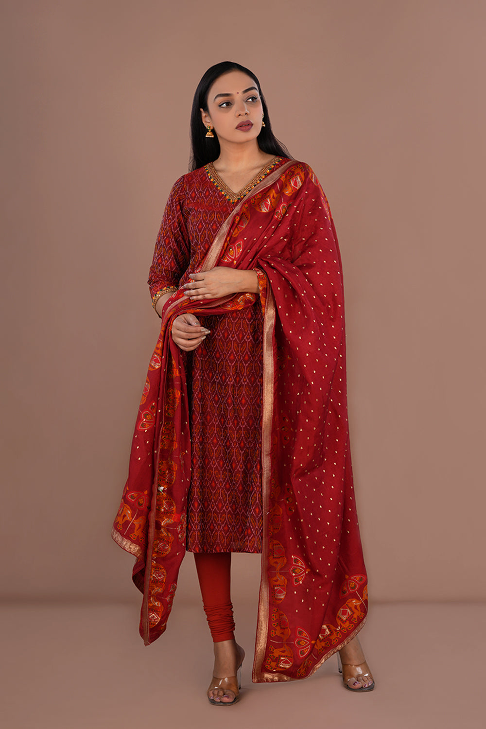 Image of Maroon Pochampally Silk Ikat kurti